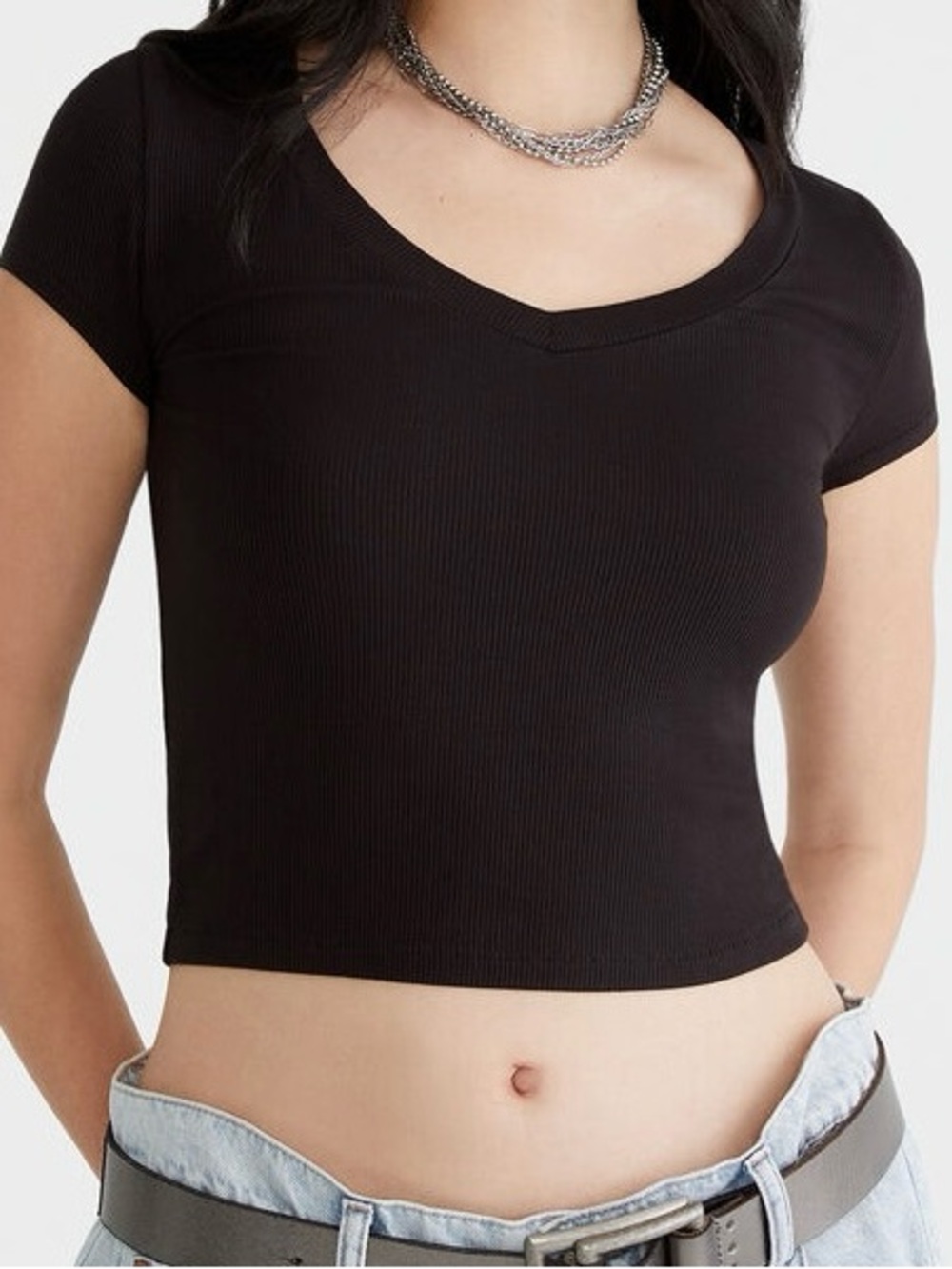 aeropostale Seriously Soft Ribbed V-Neck Baby Tee black XL